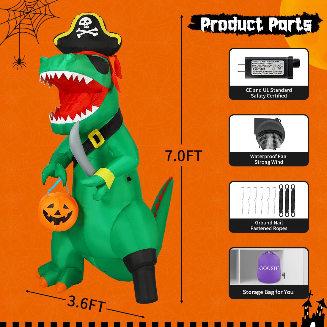 7 ft Pirate Dinosaur Inflatable