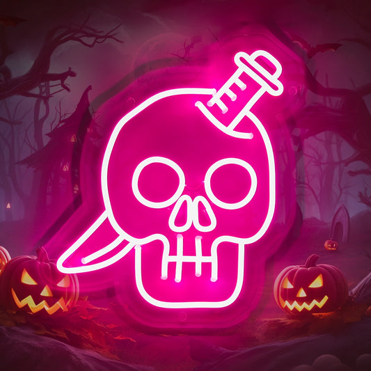 Skull With Knife Pink Neon Light