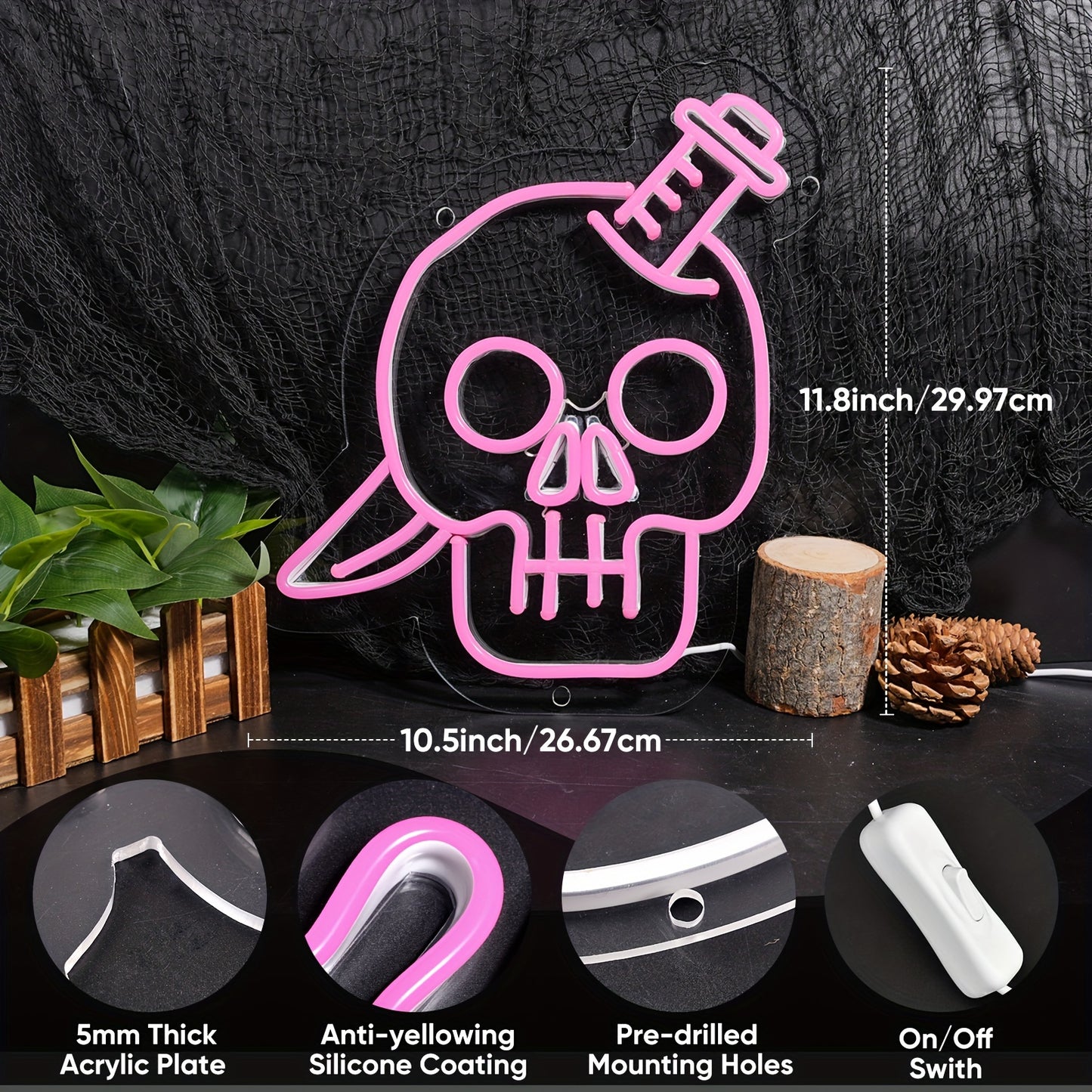 Skull With Knife Pink Neon Light